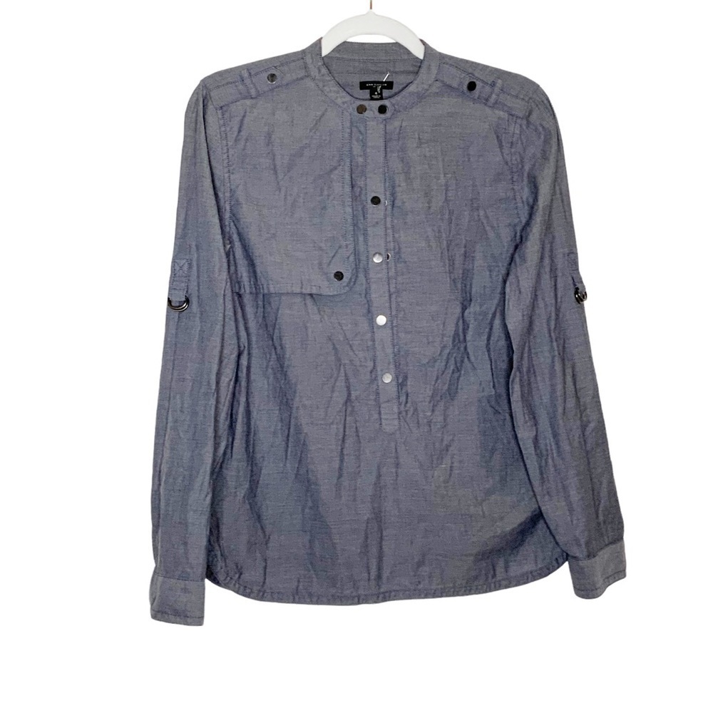 ANN Taylor grey/blue long sleeves cotton top with front flap. Size 4